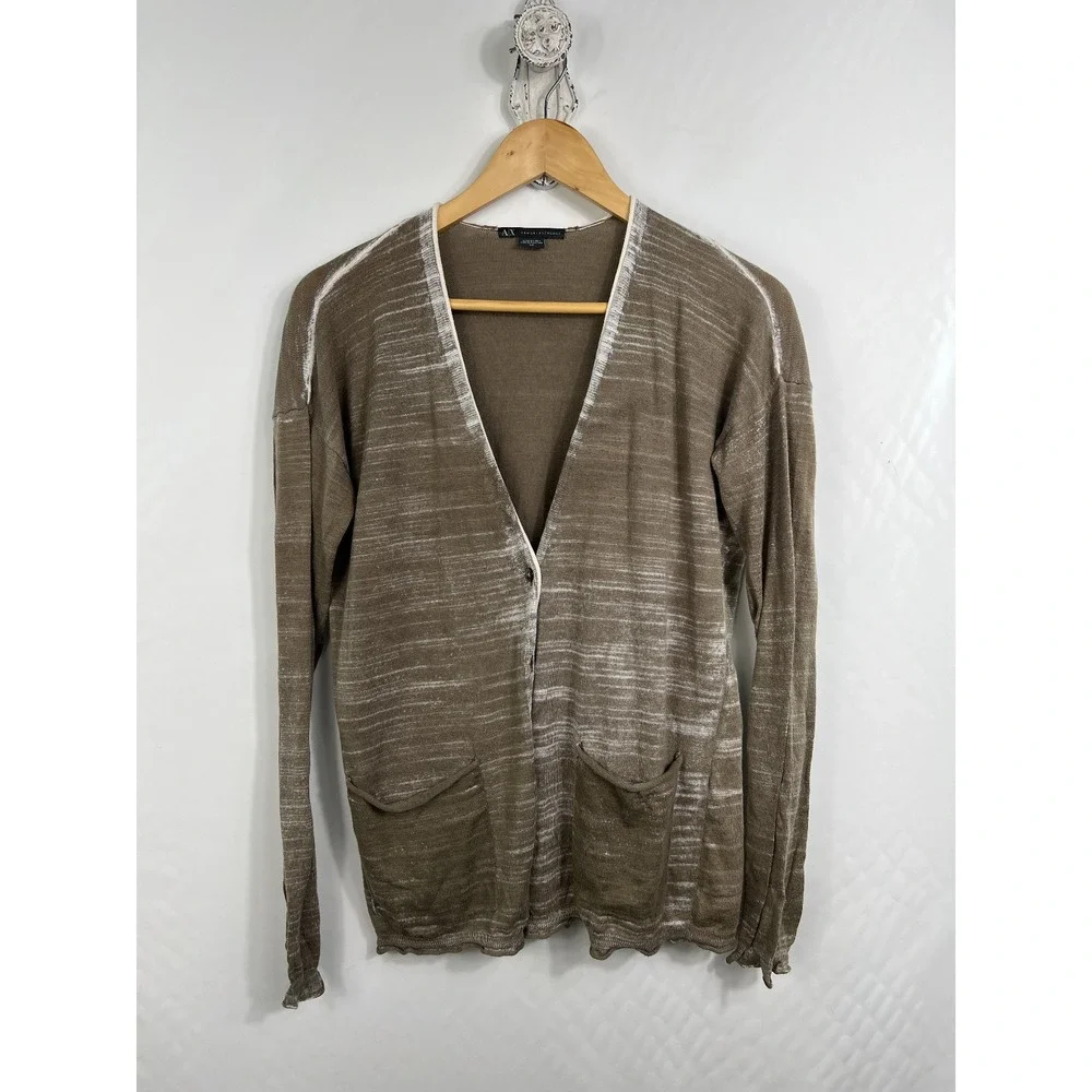 Armani Exchange Cardigan Women S Brown Slub Knit‎ V-Neck Lightweight Pockets AX